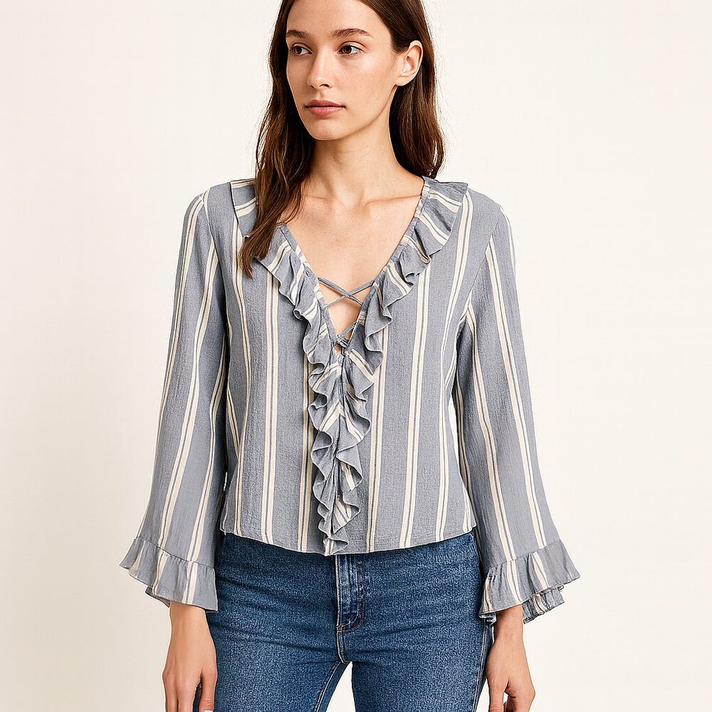American Eagle NEW Blue White Stripe Ruffle Lace Up Flare Sleeve Boho Y2K Top M